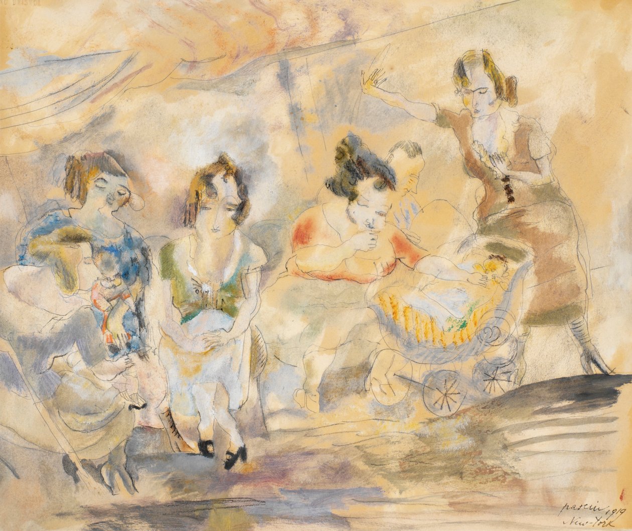 Kvinde med barnevogn, New York, 1919 (wc på papir) af Jules Pascin