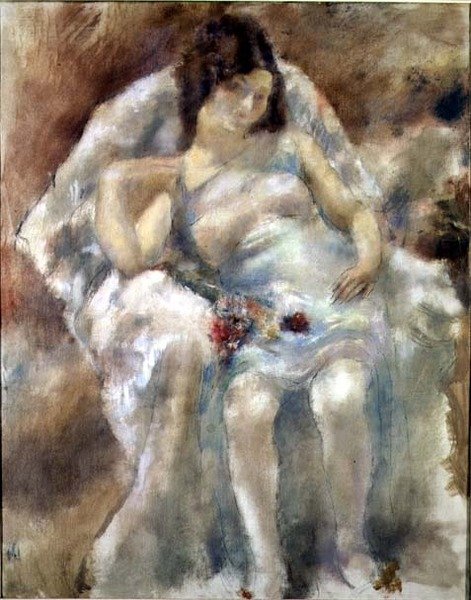 Ung kvinde siddende med blomster af Jules Pascin