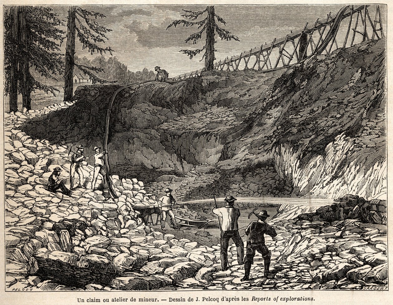 Et minekrav eller værksted i Californien, tegning af Jules Pelcoq, for at illustrere historien om Baron de Wogans tur til Californien i 1850-1852. Indgravering i "" Le tour du monde, nouveau journal des voyages"" Paris af Jules Pelcoq