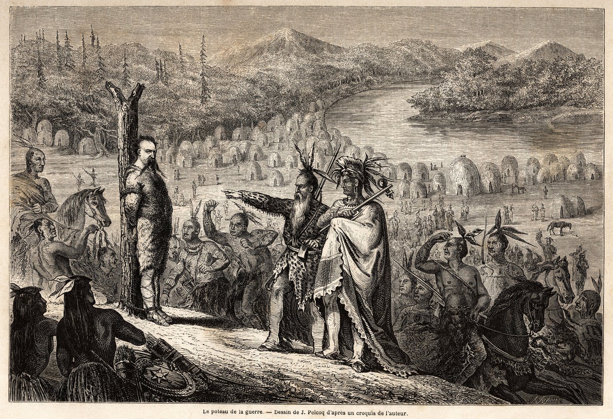 Krigspælen, baronen af Wogan fanget af indianerne fra Timpabaches-stammen, er placeret på bredden af San Juan, flodarm af Rio Grande, tegnet af Jules Pelcoq, for at illustrere historien om baronen de Wogans tur til Californien i 1850-185 af Jules Pelcoq