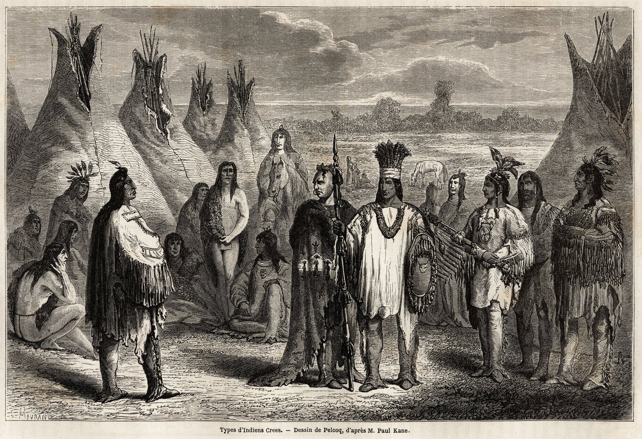 Typer af Crees-indianere fra Canada, tegning af Pelcoq, for at illustrere udforskningen af Rocky Mountains i 1857-59 af kaptajn John Palliser. Indgravering i "" Le tour du monde, nouveau journal des voyages"" Paris af Jules Pelcoq