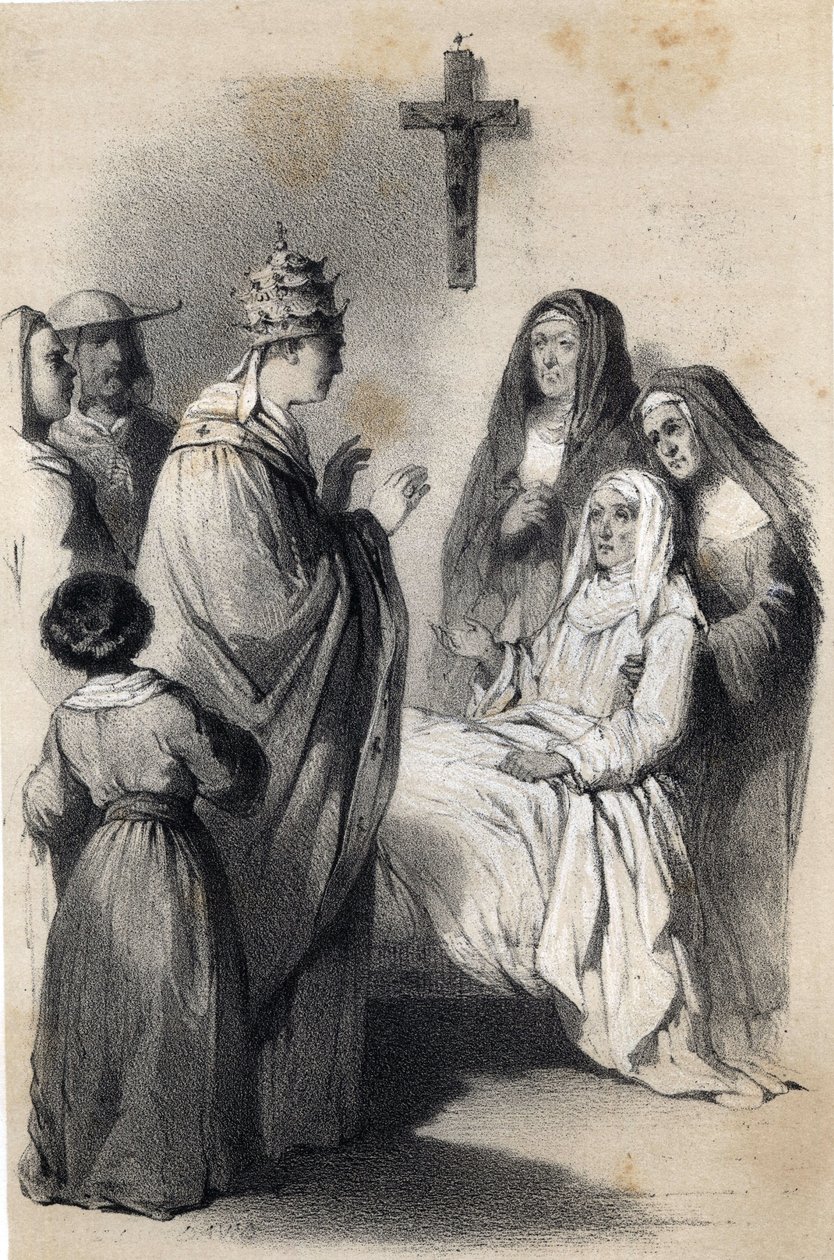 Repræsentation af Saint Claire (Chiara) af Assisi (ca. 1192-1253), grundlæggeren af den religiøse orden Clares i "The illustrious Women of Europe". Af grevinde Drohojowska, født Symon af Latreiche. Illustrerende tegninger af Jules David og Raunheim. omkrin af Jules and Raunheim Hermann David