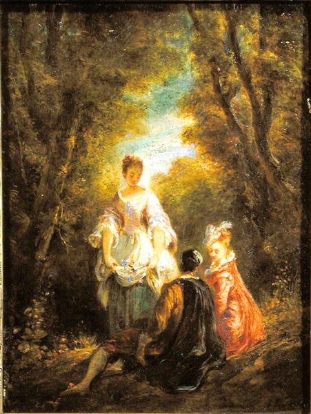 Samtale i en park (olie på papir på lærred) af Jules Robert Auguste