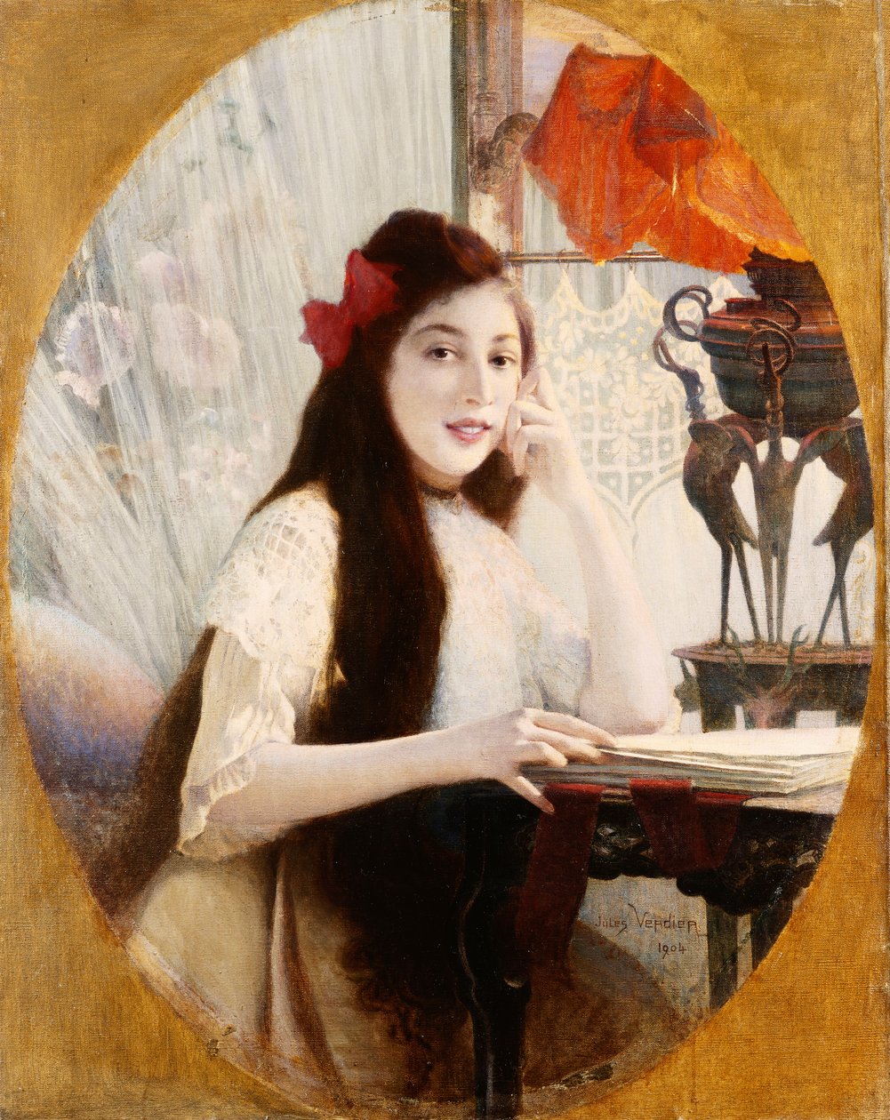 Portræt af en ung pige ved et skrivebord, 1904 af Jules Verdier