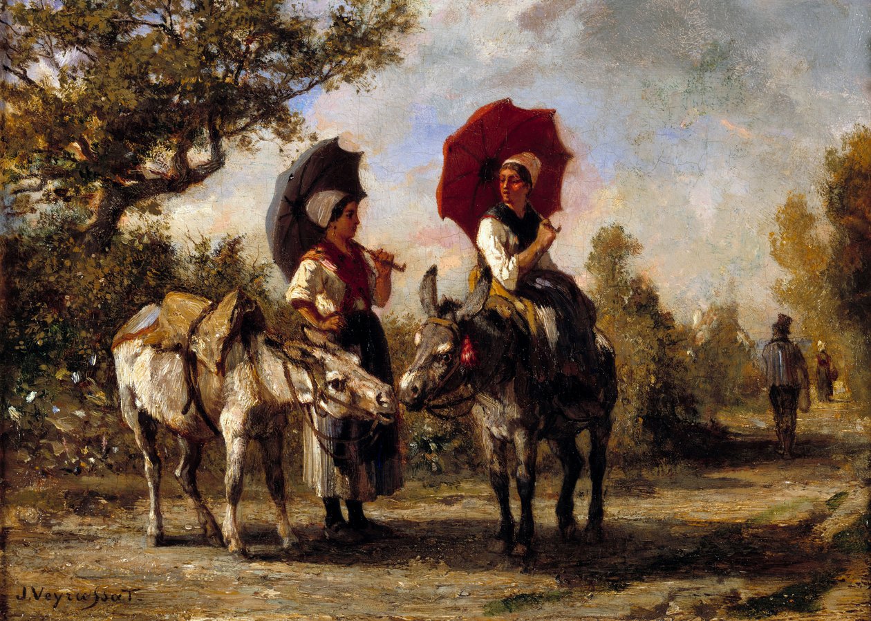 La promenade et æsel Maleri af Jules Veyrassat (1828-1893) Privat samling fra det 19. århundrede af Jules Veyrassat