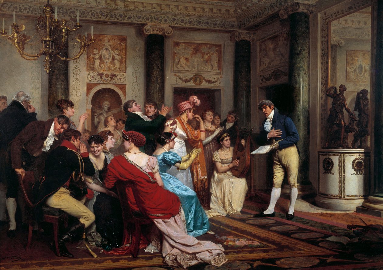 Romantik er på mode At læse et stykke teater i en parisisk salon. (Salon Litteraire) Maleri af Jules Worms (1832-1914) Paris fra det 19. århundrede, Palais du Luxembourg af Jules Worms
