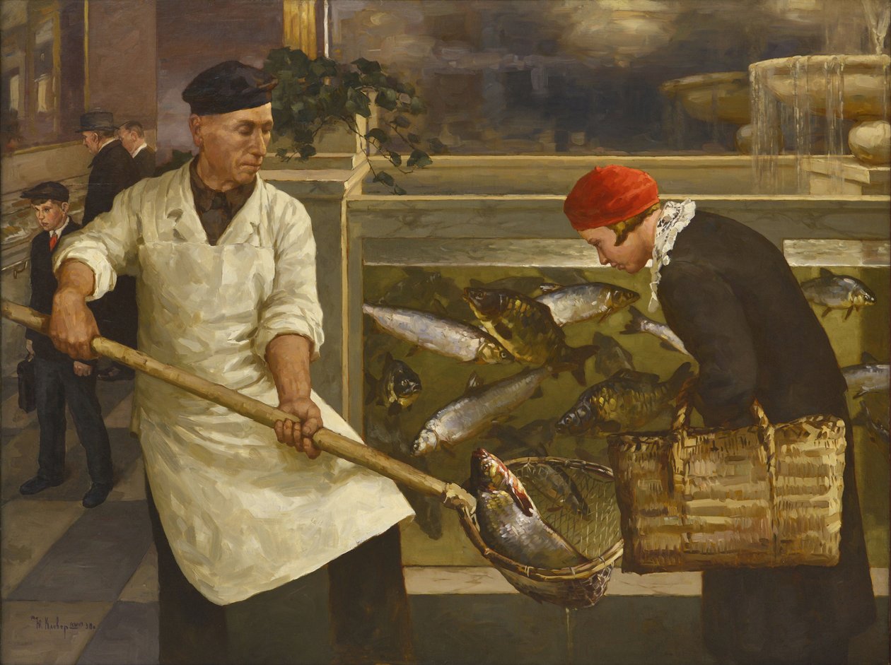 I en fiskebutik af Klever, Juli Julievich, den yngre (1882-1942). Olie på lærred, størrelse: 130x176 af Juli Julievich the Younger Klever