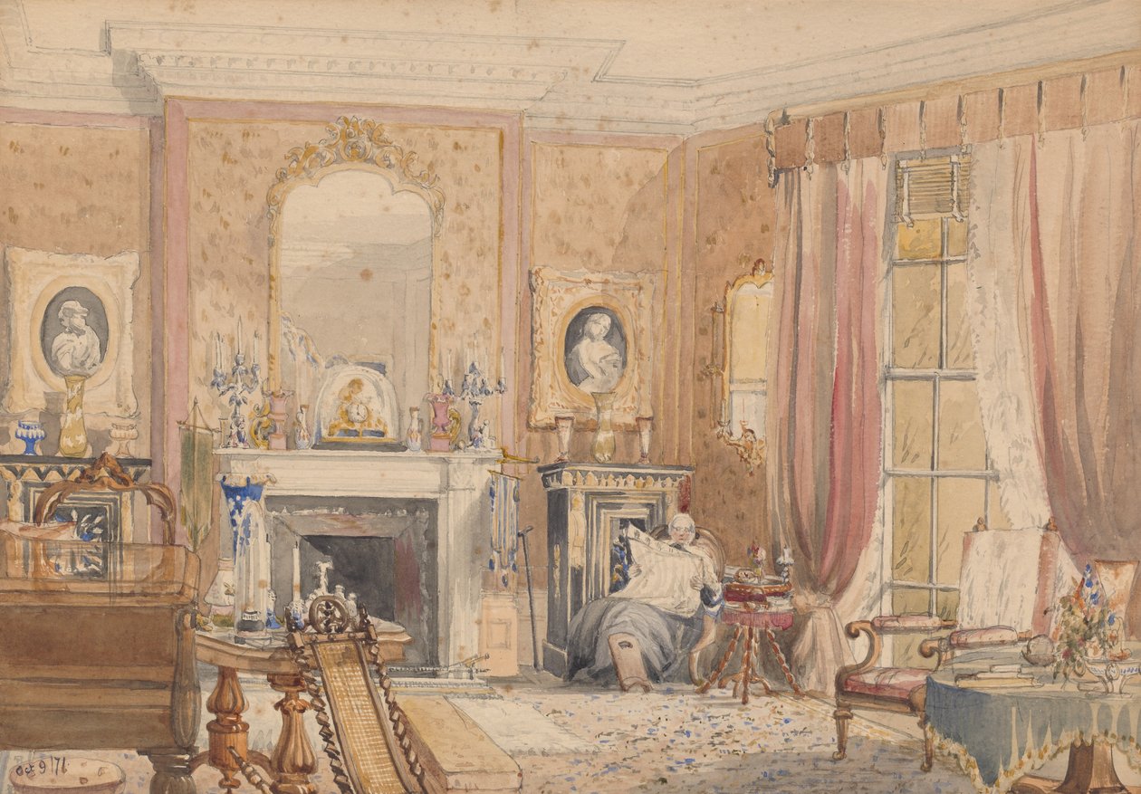 Tegnestue i Bryn Glas, Monmouthshire, 1871 (wc på papir) af Julia Mackworth