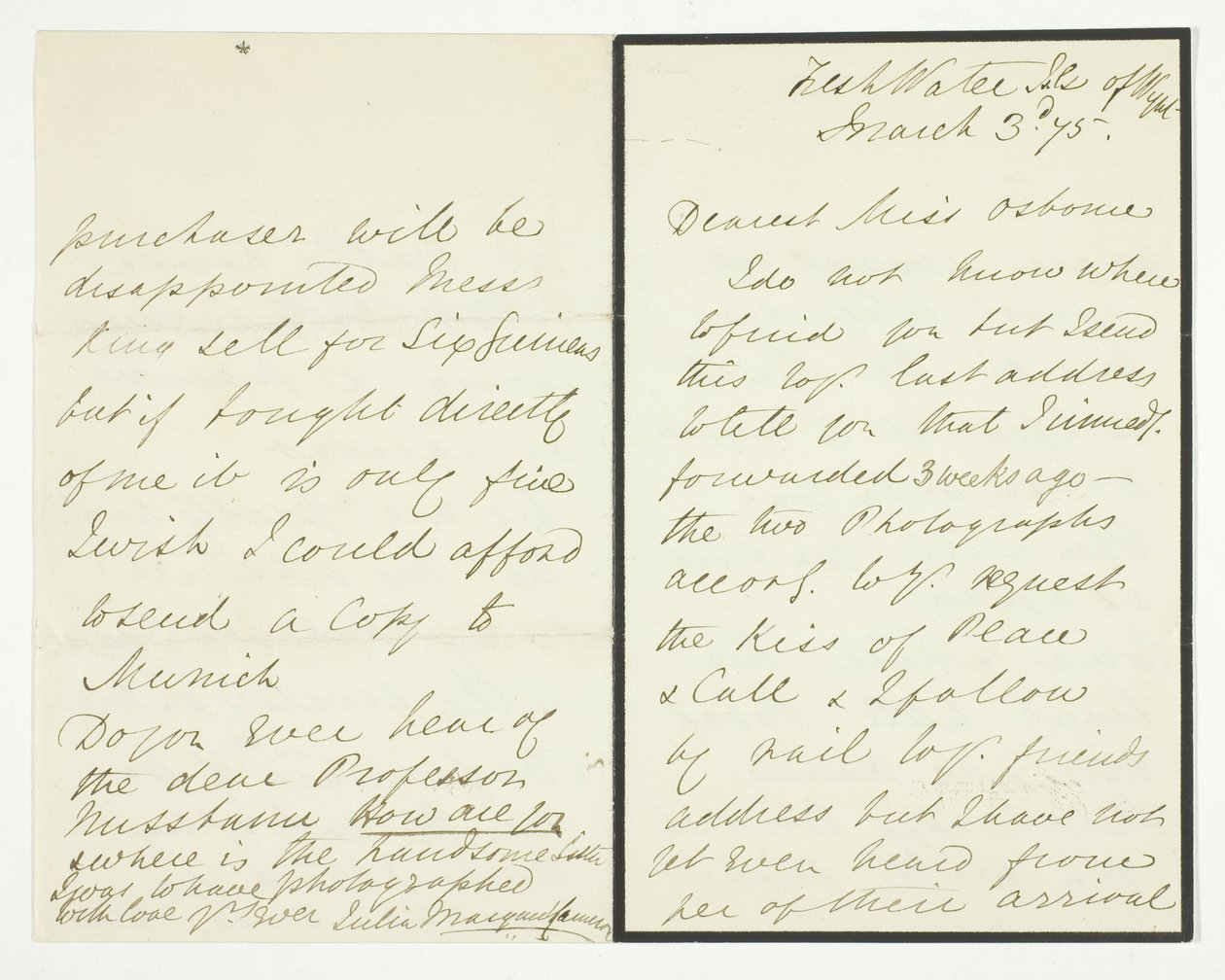 Autograferet brev af Julia Margaret Cameron