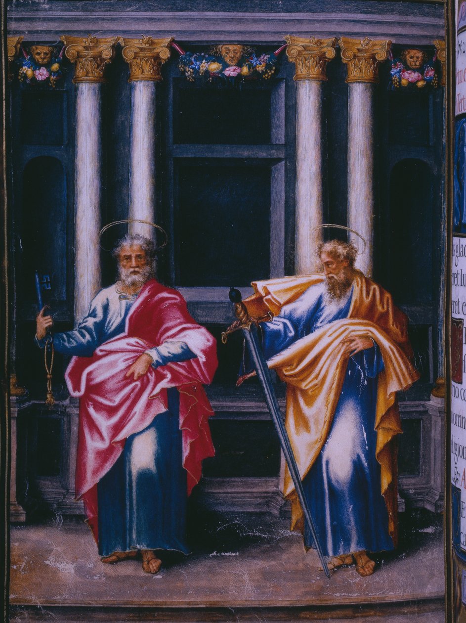 St. Peter og St. Paul, fra en faksimile af breviariet til kong Filip II af Spanien, 1569 (pergament) af Julian and Leon, Andres de Fuente del Saz