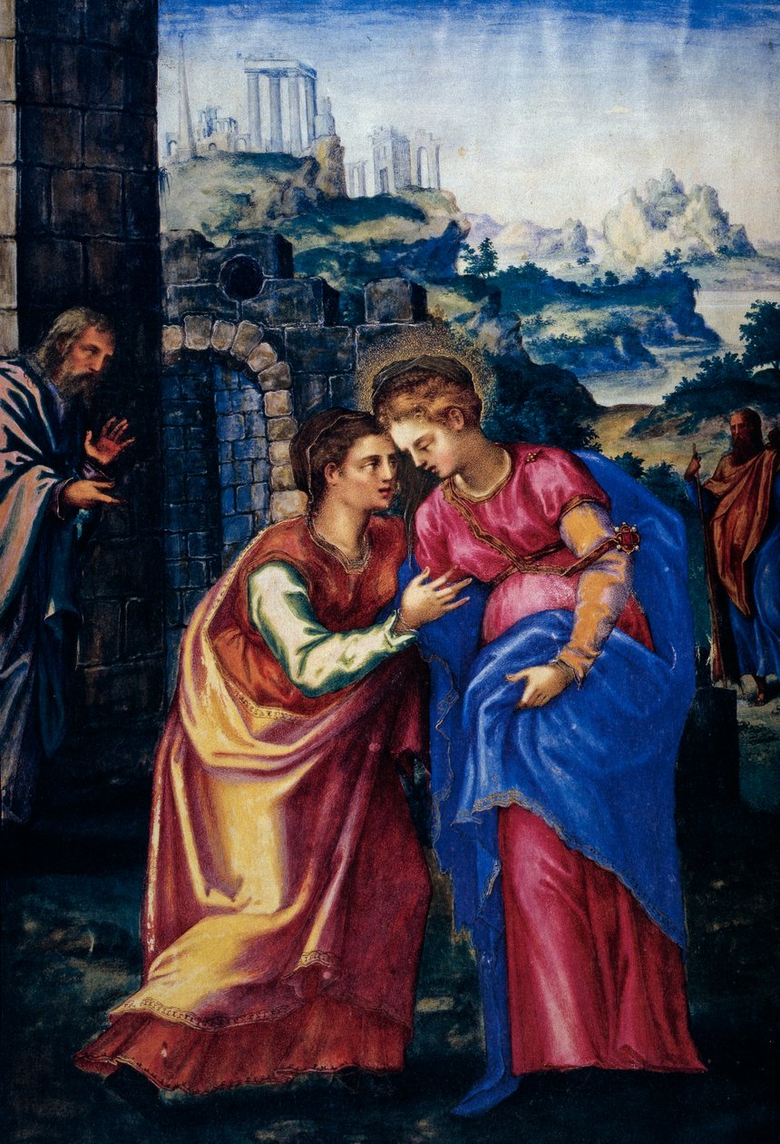 Besøg, fra en faksimile af Breviary of King Philip II of Spain, 1569 (pergament) af Julian and Leon, Andres de Fuente del Saz