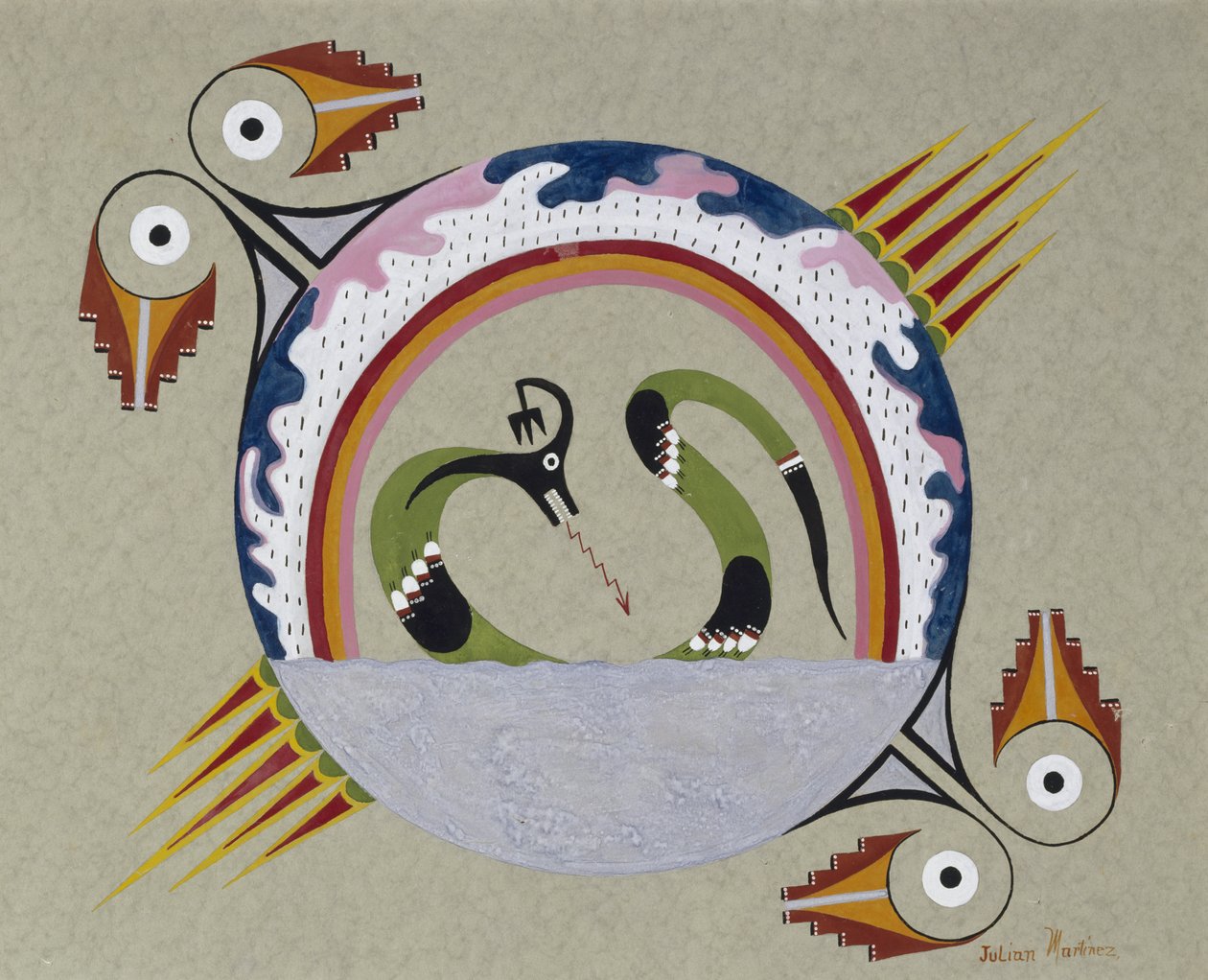 Konventionelt design af symboler (Sacred Avanyu), 1930-40 (tempera på papir) af Julian Martinez