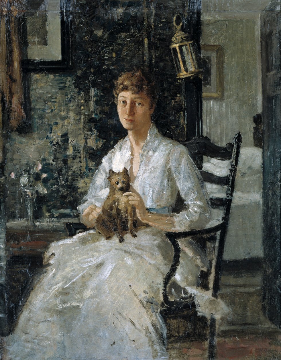 Portræt af en dame med en hund Anna Baker Weir, ca. 1890. af Julian Alden Weir