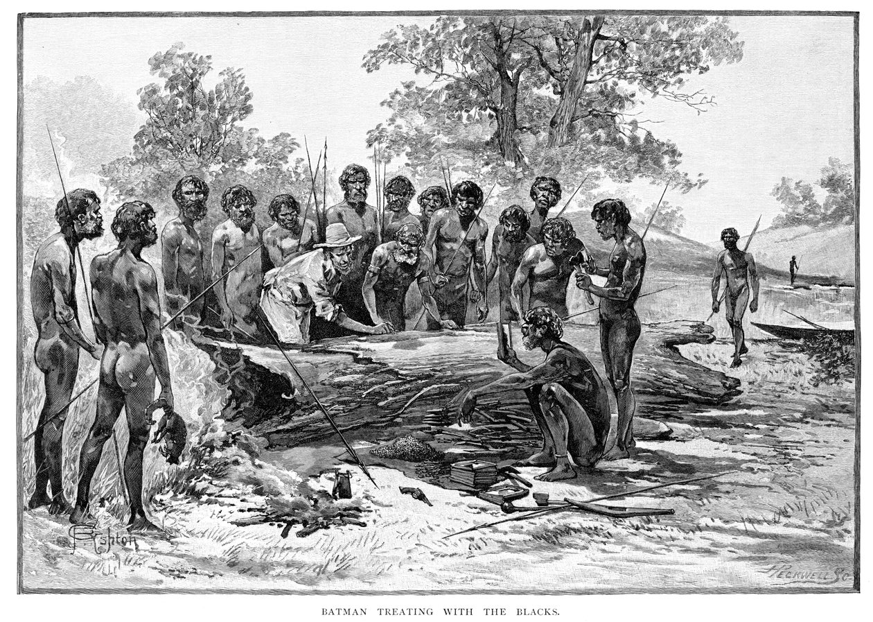 Batman Treating with the Blacks, 1835, 1886. af Julian Ashton