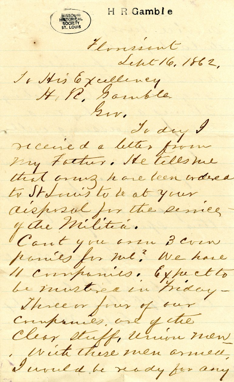 Brev underskrevet Julian Bates, Florissant, til Hans Excellence H.R. Gamble, 16. september 1862 af Julian Bates