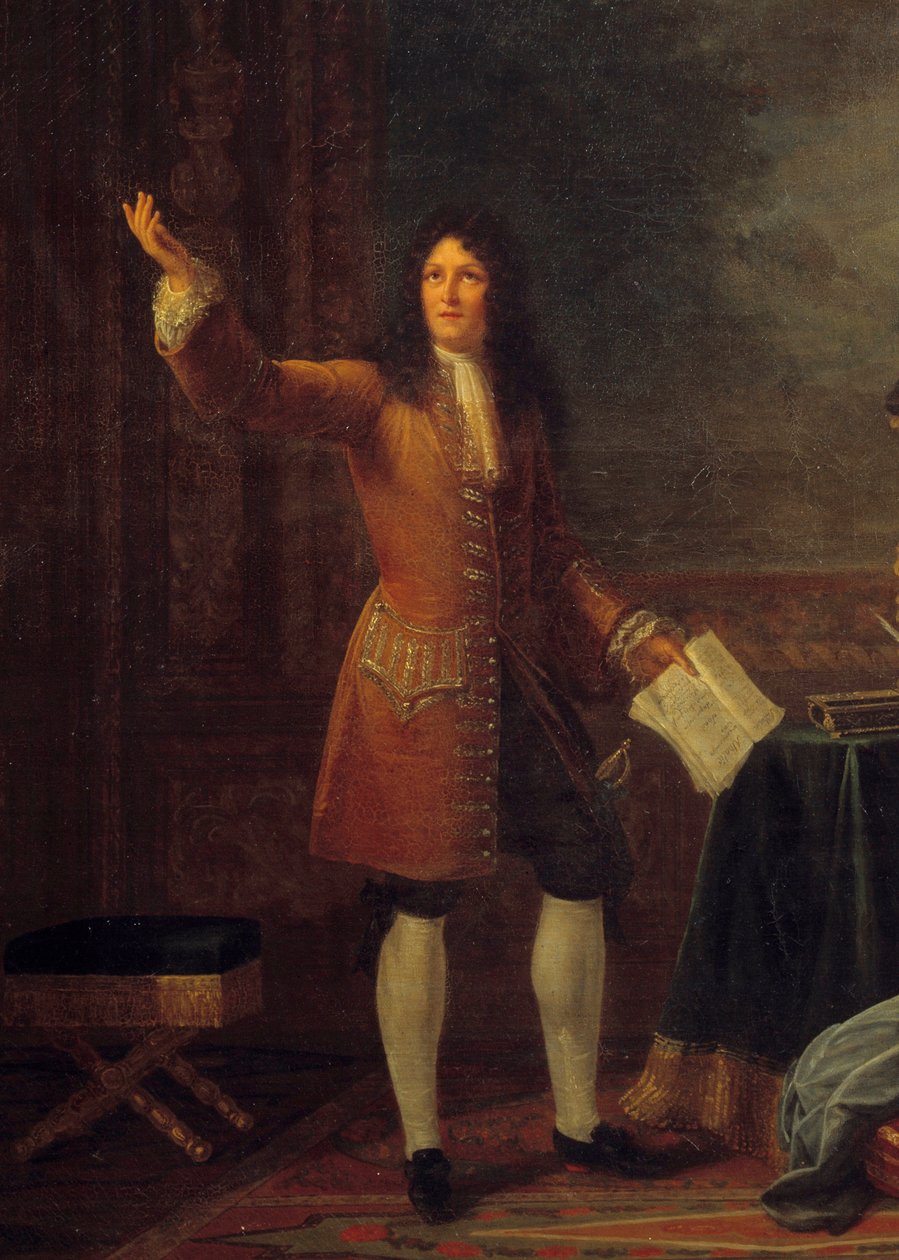 Jean Racine (1639-1699) læser sit skuespil foran kongen af Frankrig. Detalje af maleriet "" Jean Racine (1639-1699) der læser "" Athalie"" før Louis XIV (1638-1715) og Francoise d
