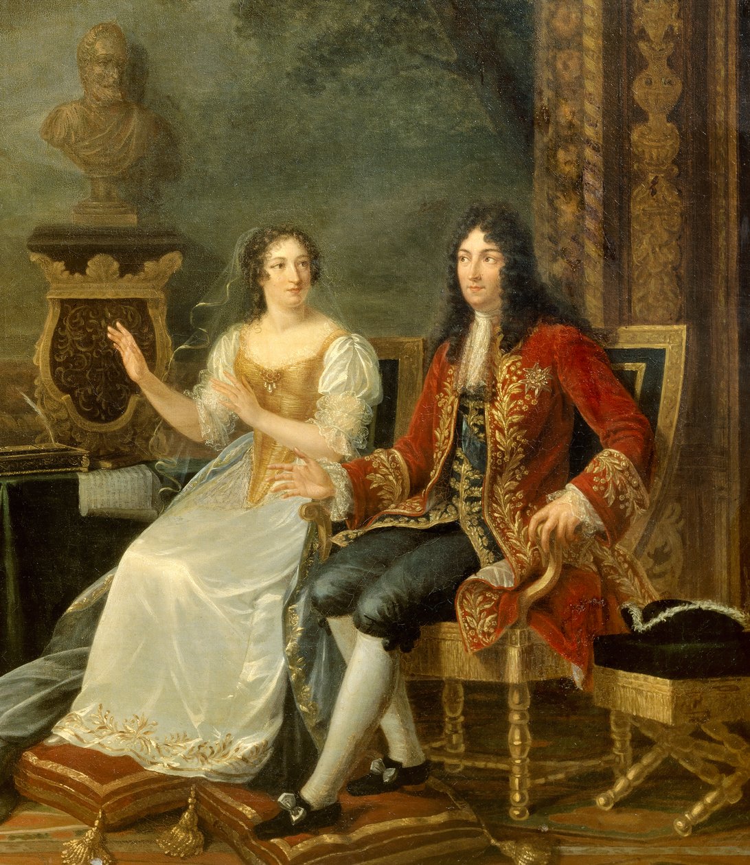 Konge af Frankrig Ludvig XIV med Madame de Maintenon. Detalje af maleriet "" Jean Racine (1639-1699) der læser "" Athalie"" før Louis XIV (1638-1715) og Francoise d