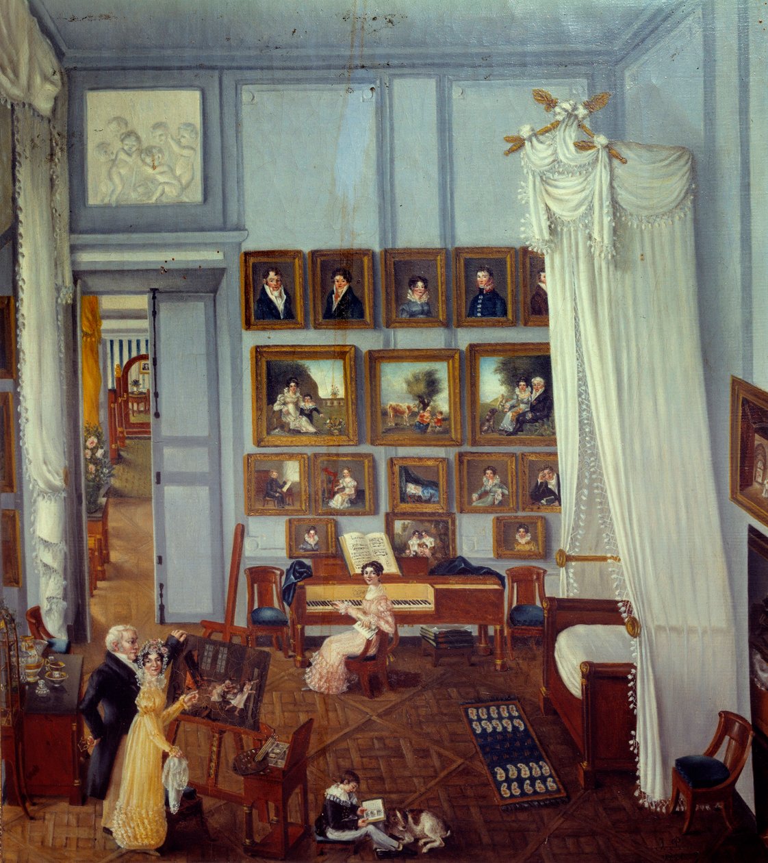 Indvendigt billede af residensen for Ridder Pradel af Saint Charles En stor himmelseng pryder rummet, der bruges som værksted. Et barn spiller, og en ung kvinde står foran et klaver. Maleri af Julie Pradel (1800-tallet) 1820 Privat samling af Julie Pradel
