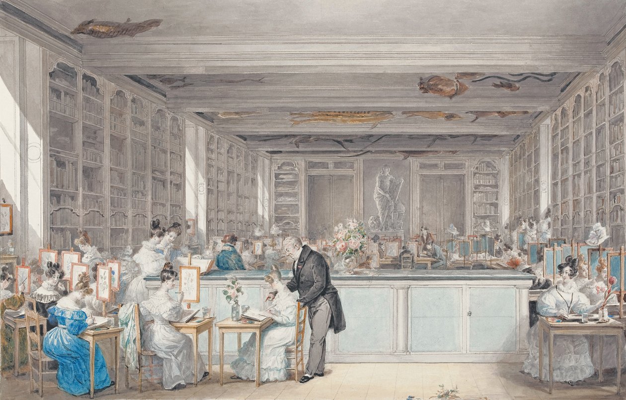 Pierre-Joseph Redoutés skole for botanisk tegning i Salle Buffon i Jardin des Plantes, 1830 (wc og grafit på papir) af Julie Ribault