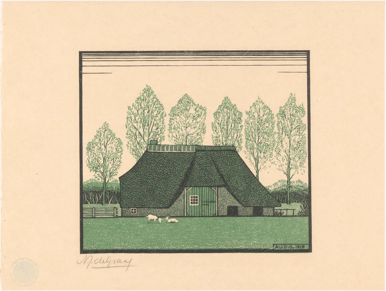 En stråtækt gård af Julie de Graag (signed by artist)