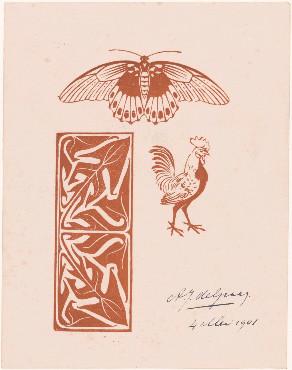 Sommerfugle-, hane- og bladarbejde af Julie de Graag (signed by artist)