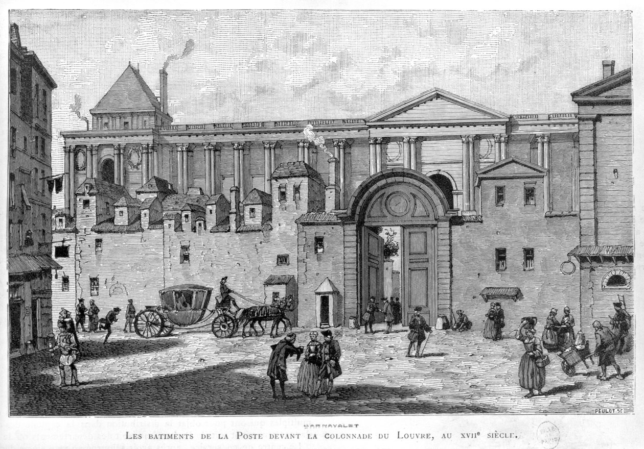 Paris postkontor foran Louvres søjlegang i det 17. århundrede af Julien Antoine Peulot