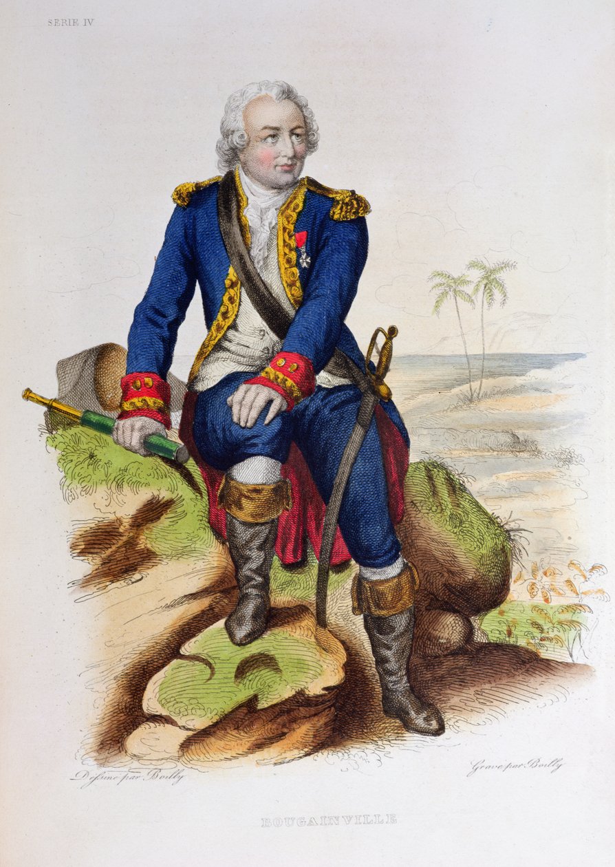 Louis Antoine de Bougainville (1729-1811) siddende på en klippe, illustration fra 