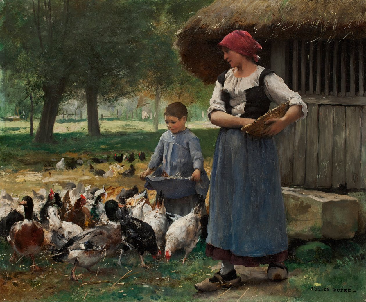 Bondepige fodrer høns (olie på lærred) af Julien Dupre