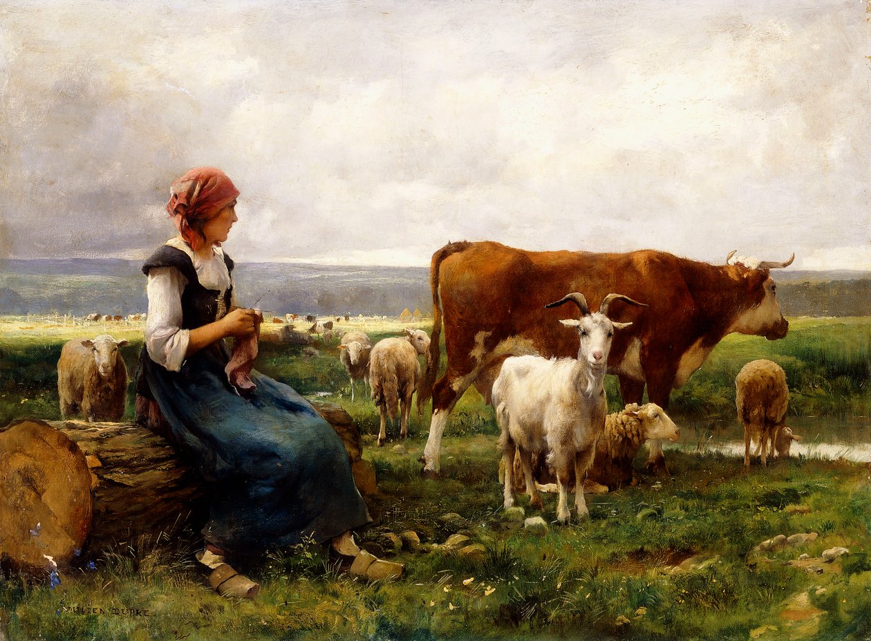 Hyrdinde med køer og geder, af Julien Dupre