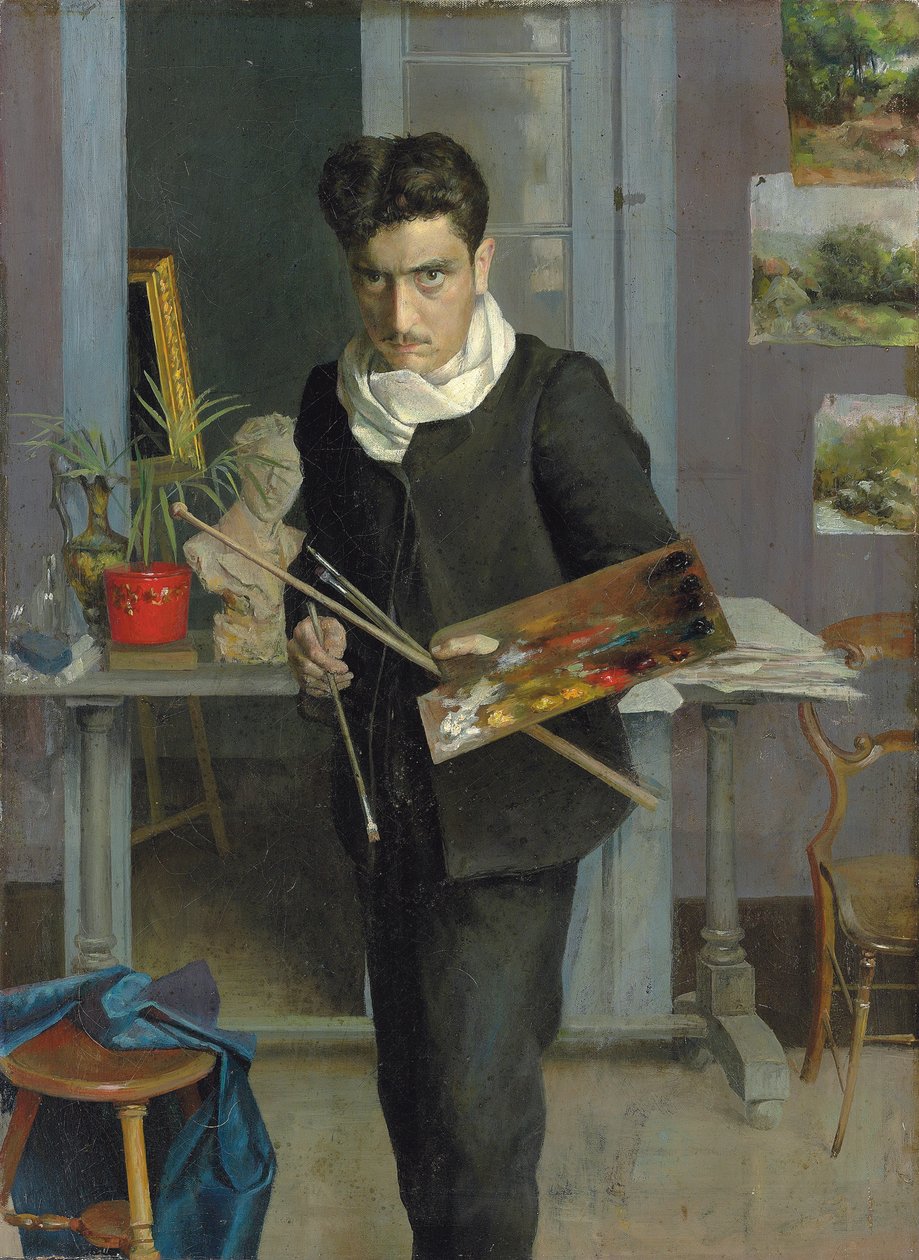 Selvportræt af kunstneren i hans studie af Julio Romero de Torres