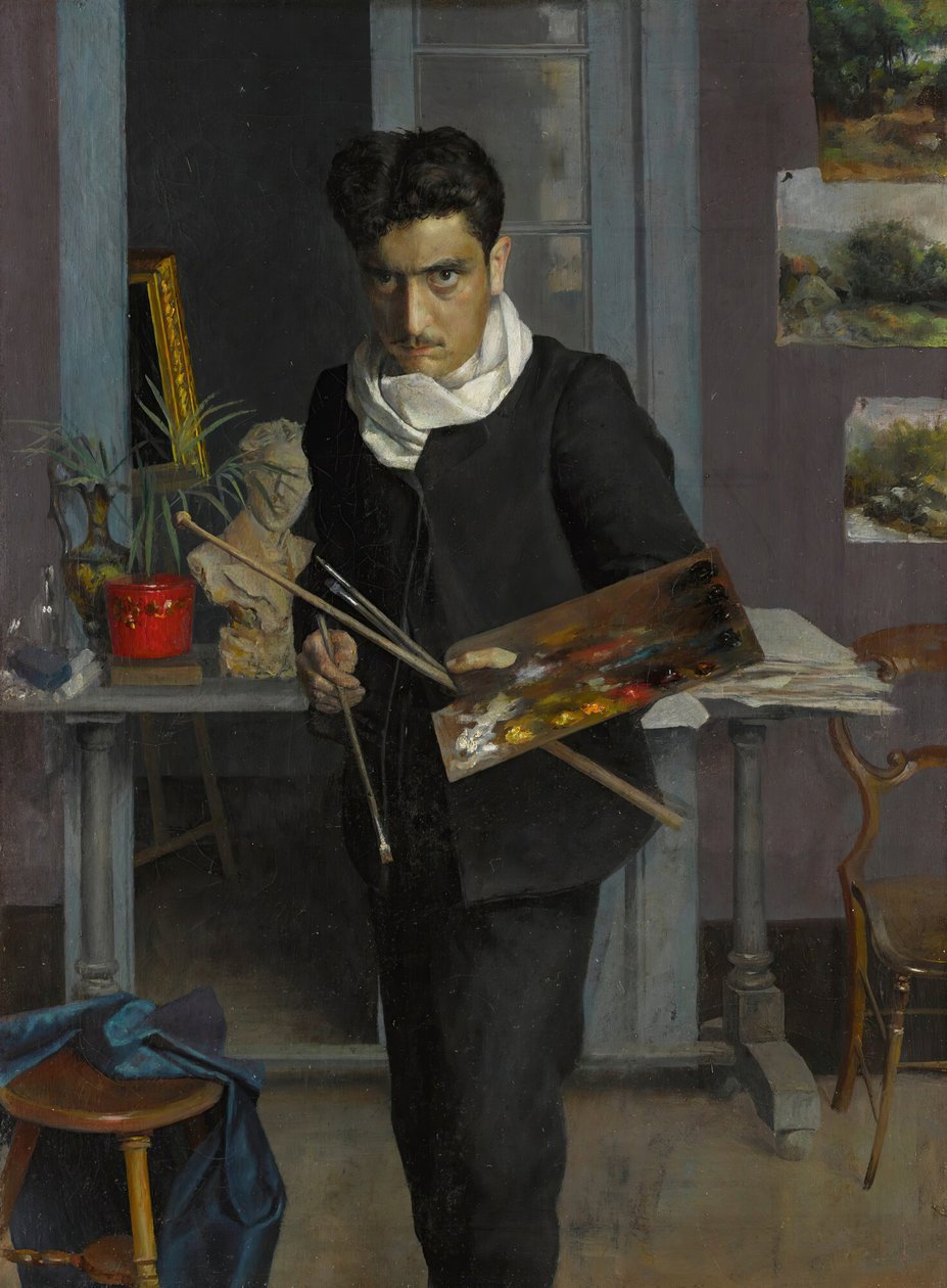 Selvportræt af kunstneren i hans atelier, 1898. af Julio Romero de Torres