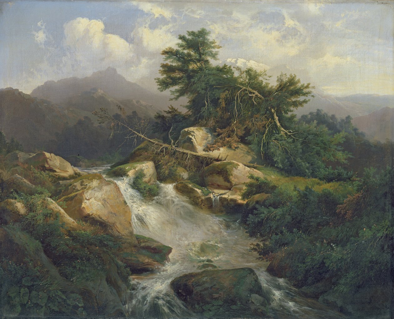 Skovlandskab med vandfald af Julius Bakof