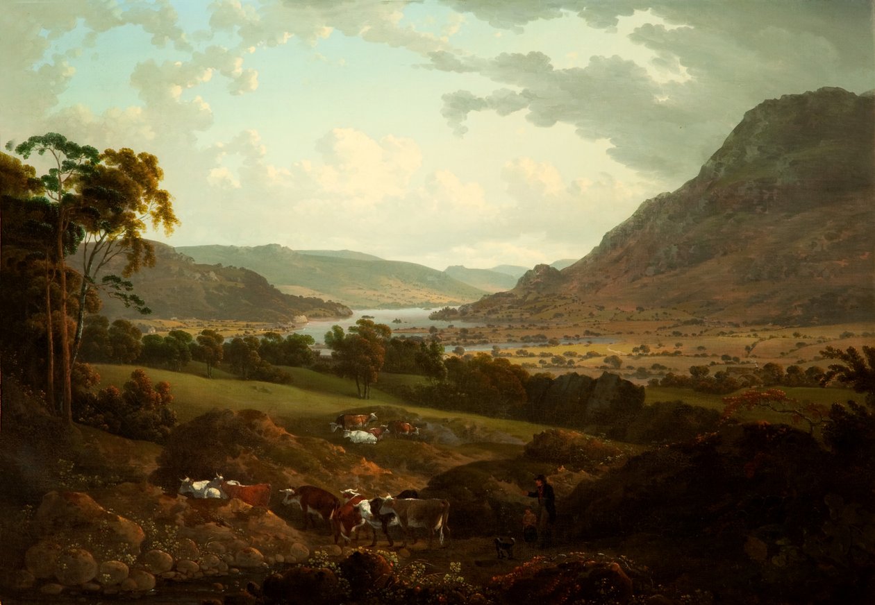 En scene i Lake District af Julius Caesar Ibbetson
