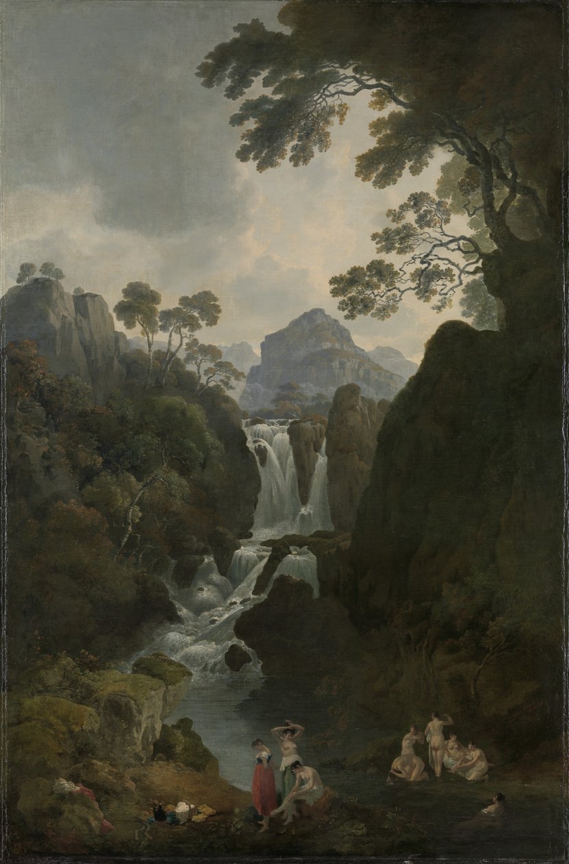Et vandfald med badende, ca.1800-17 af Julius Caesar Ibbetson