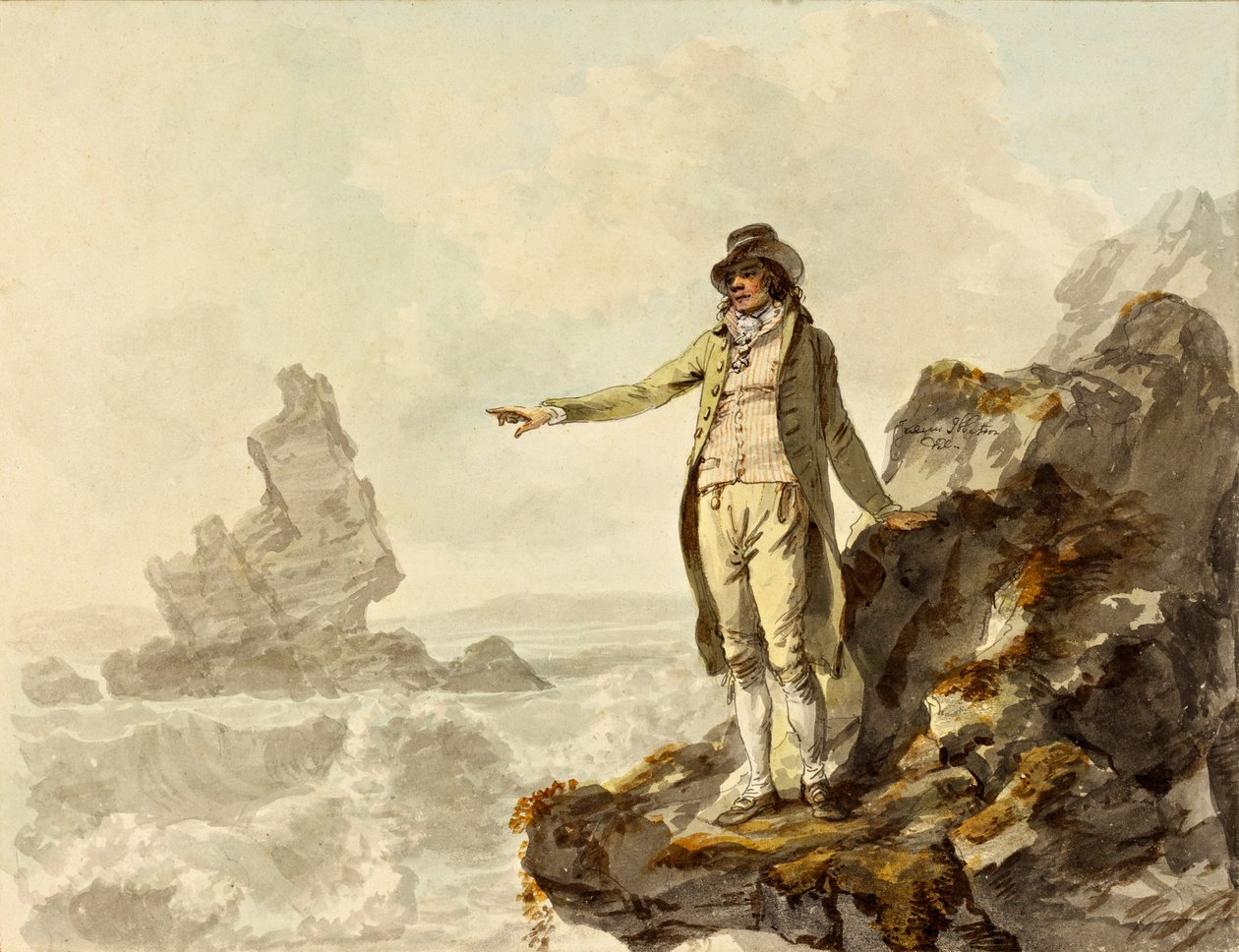 Guiden til Stackpole Scenery, der peger på Stack Rock, Pembrokeshire, 1793 (wc med pen og sort blæk på papir) af Julius Caesar Ibbetson