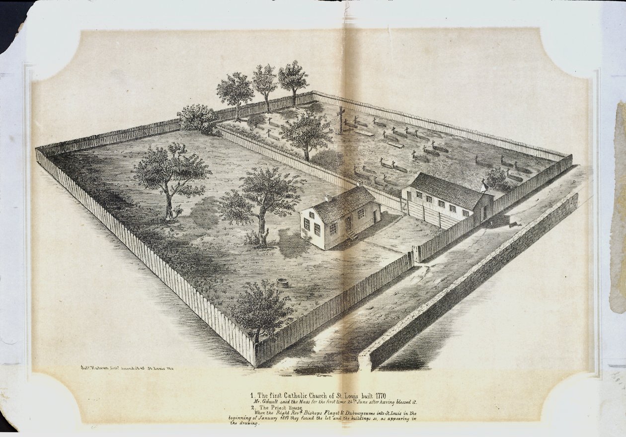 Den første katolske kirke i St. Louis blev bygget 1770. Gibault sagde messen for første gang den 24. juni efter at have velsignet den af Julius Hutawa Co.