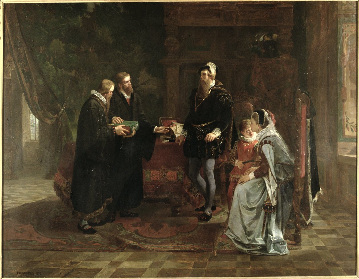 Kong Gustav I Vasa (ca. 1496-1560) af Sverige modtog den svenske oversættelse af Bibelen, 1870 af Julius Kronberg
