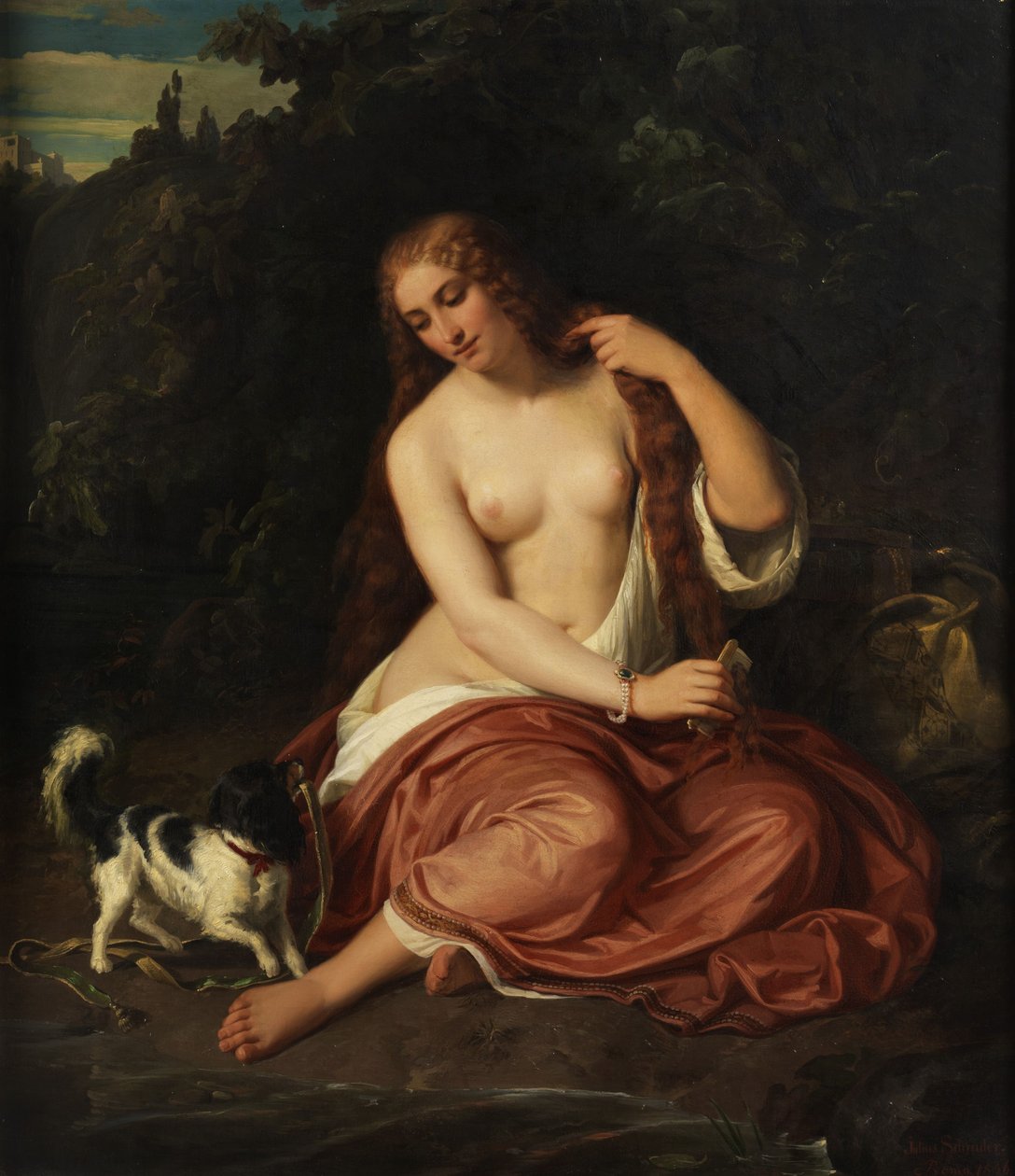 Halv akt af en ung pige med en hund af Julius Schrader