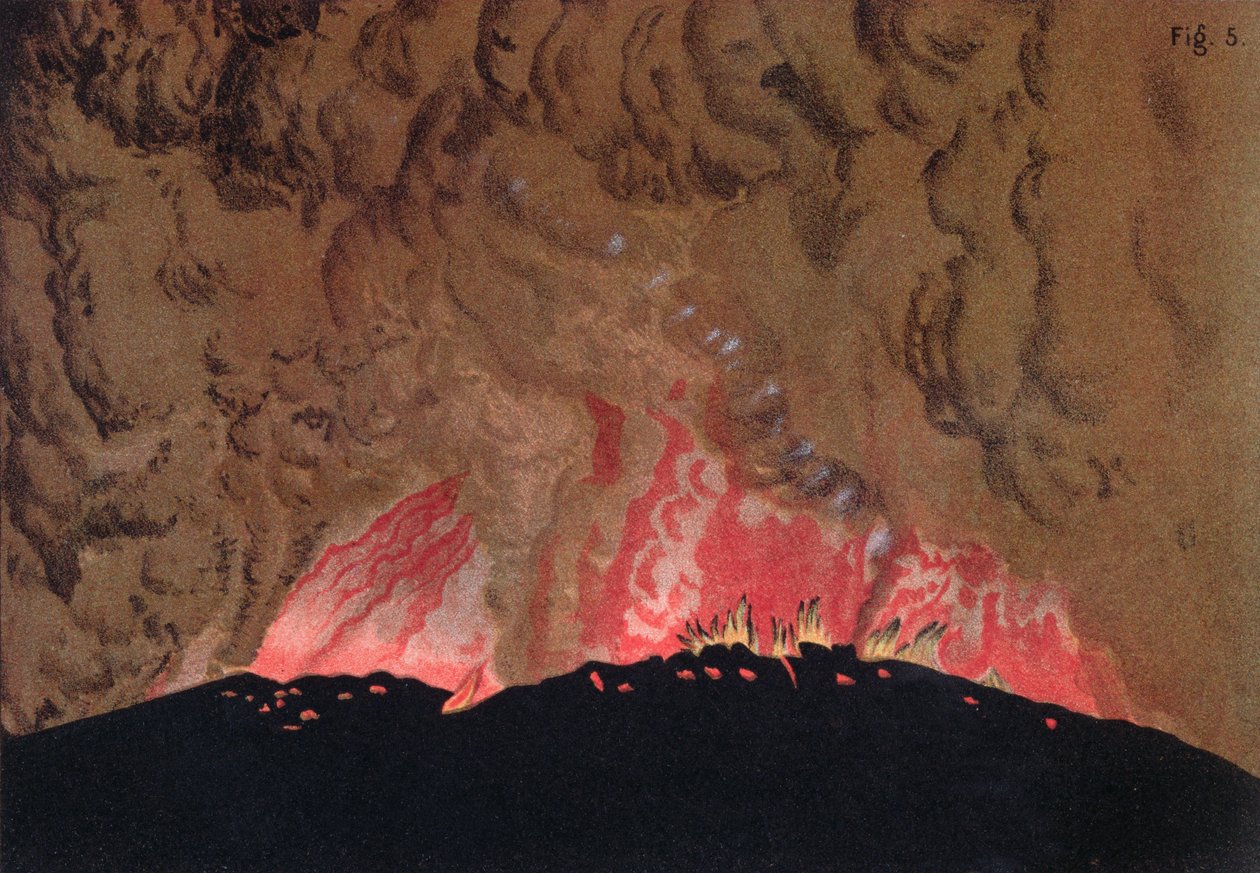 Aphroessa og Georgios lavastrømme under et udbrud af Santorini-vulkanen, illustration fra Etudes sur les Volcans af kunstneren, indgraveret af Druck og Arnold, 1881 af Julius or Jules Schmidt