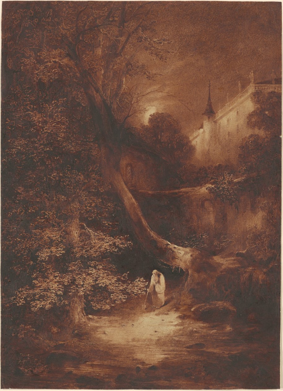 Månebelyst landskab med en munk, der går nær et palads af Julius Albert Elsasser