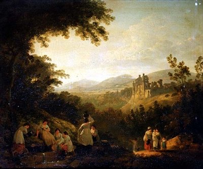 Et skovklædt landskab med vaskekoner ved et springvand af Julius Caesar Ibbetson