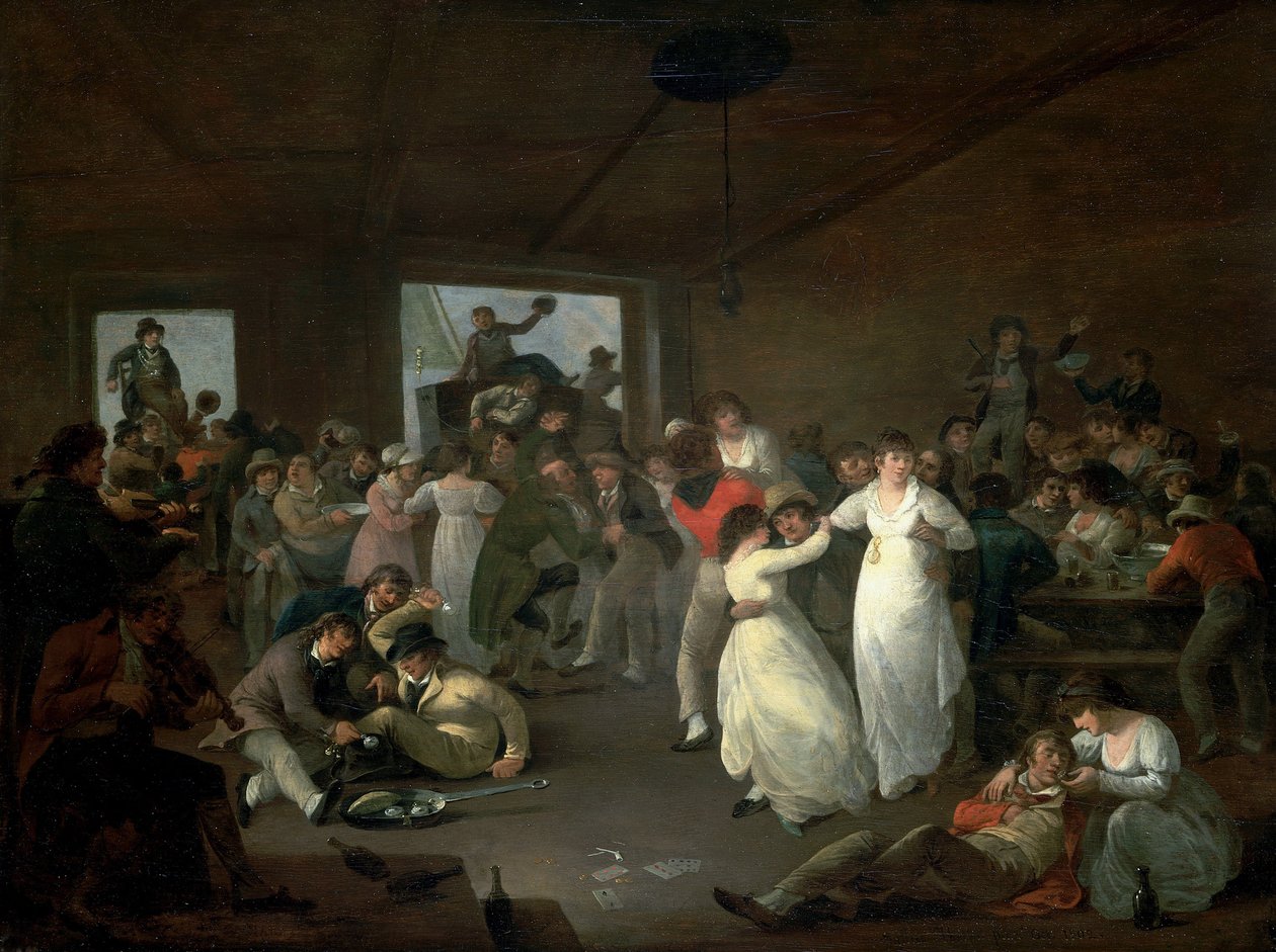 Bombardement af sømænd, scene på et værtshus i Portsmouth (England). Olie på træ af Julius Caesar Ibbetson