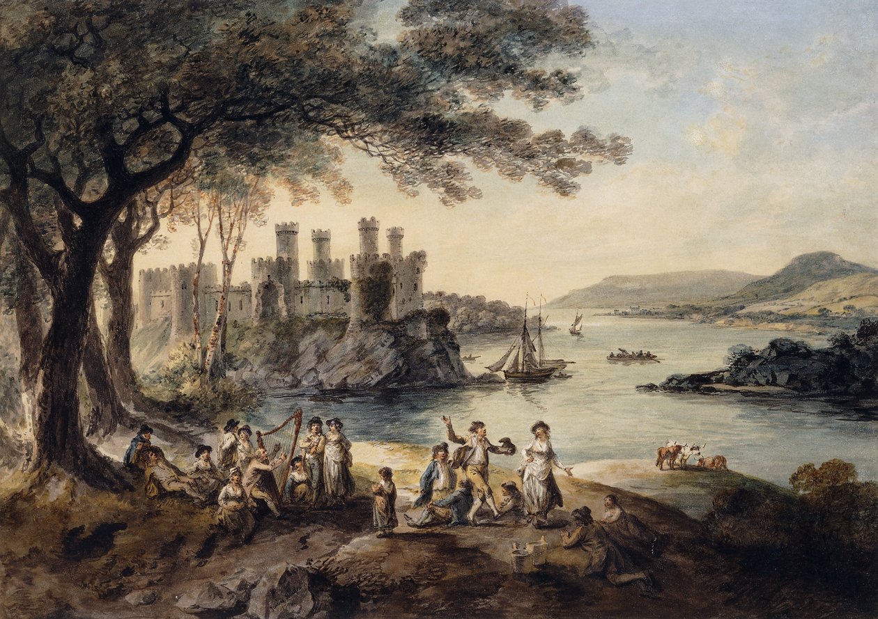 Conway Castle, med John Smith "The Blind Harper" i forgrunden, 1796 af Julius Caesar Ibbetson