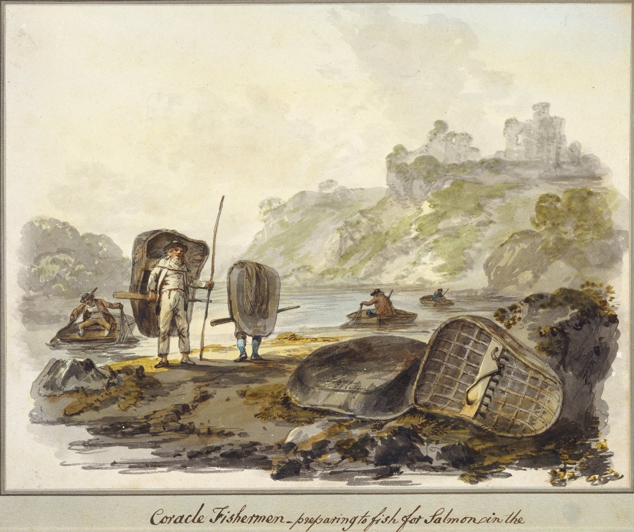 Coracle Fishermen - klar til at fiske efter laks (akvarel på papir) af Julius Caesar Ibbetson