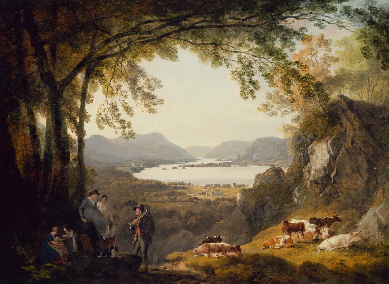 Country Folk hviler med kvæg i et skovklædt landskab (olie) af Julius Caesar Ibbetson