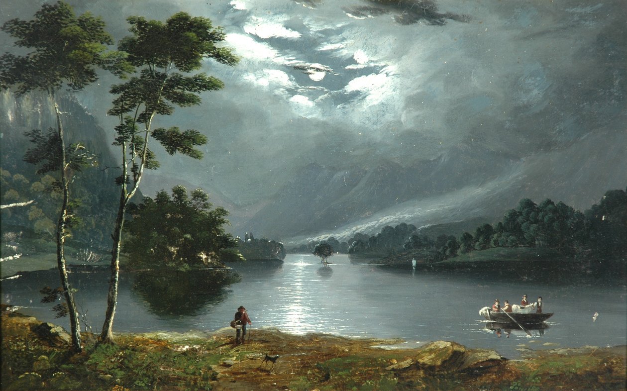 Færge, Windermere, ser mod nord og søen i måneskin af Julius Caesar Ibbetson
