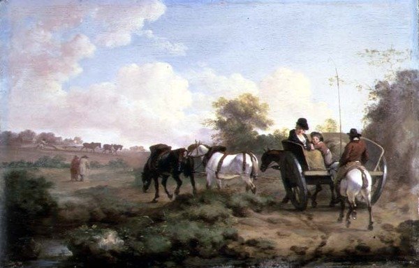 Går på markedet (olie på panel) (for par se 106157) af Julius Caesar Ibbetson