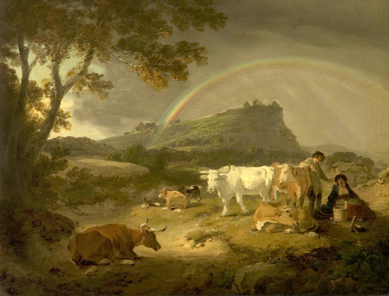 Landskab, Beeston Castle, Cheshire og Rainbow, 1793 af Julius Caesar Ibbetson