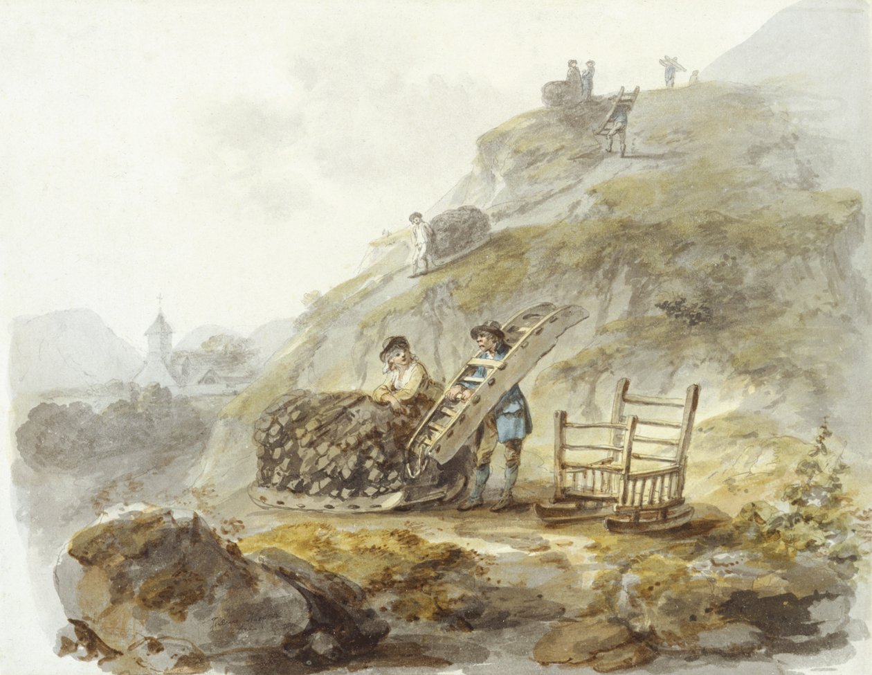 Metode til udvinding af tørv fra bakker nær Mallwyd, ca. 1792 (akvarel, blæk og blyant på papir) af Julius Caesar Ibbetson