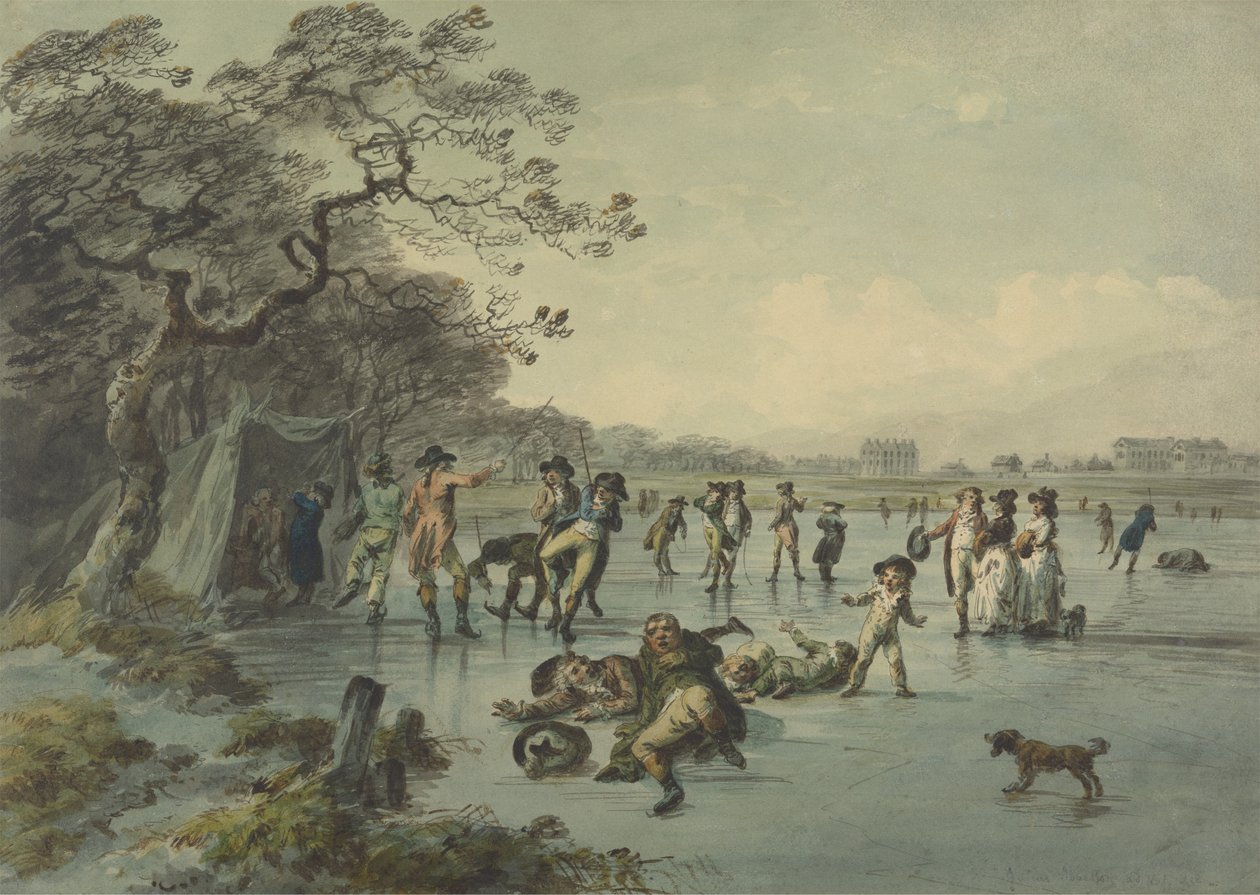 Skøjteløb i Hyde Park, ca. 1785 (pen, blæk og blæk på papir) af Julius Caesar Ibbetson